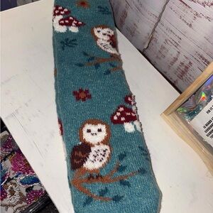 Owl and Mushroom Patterned fuzzy socks.  Brand new.  Fits 6-10.  With grippers